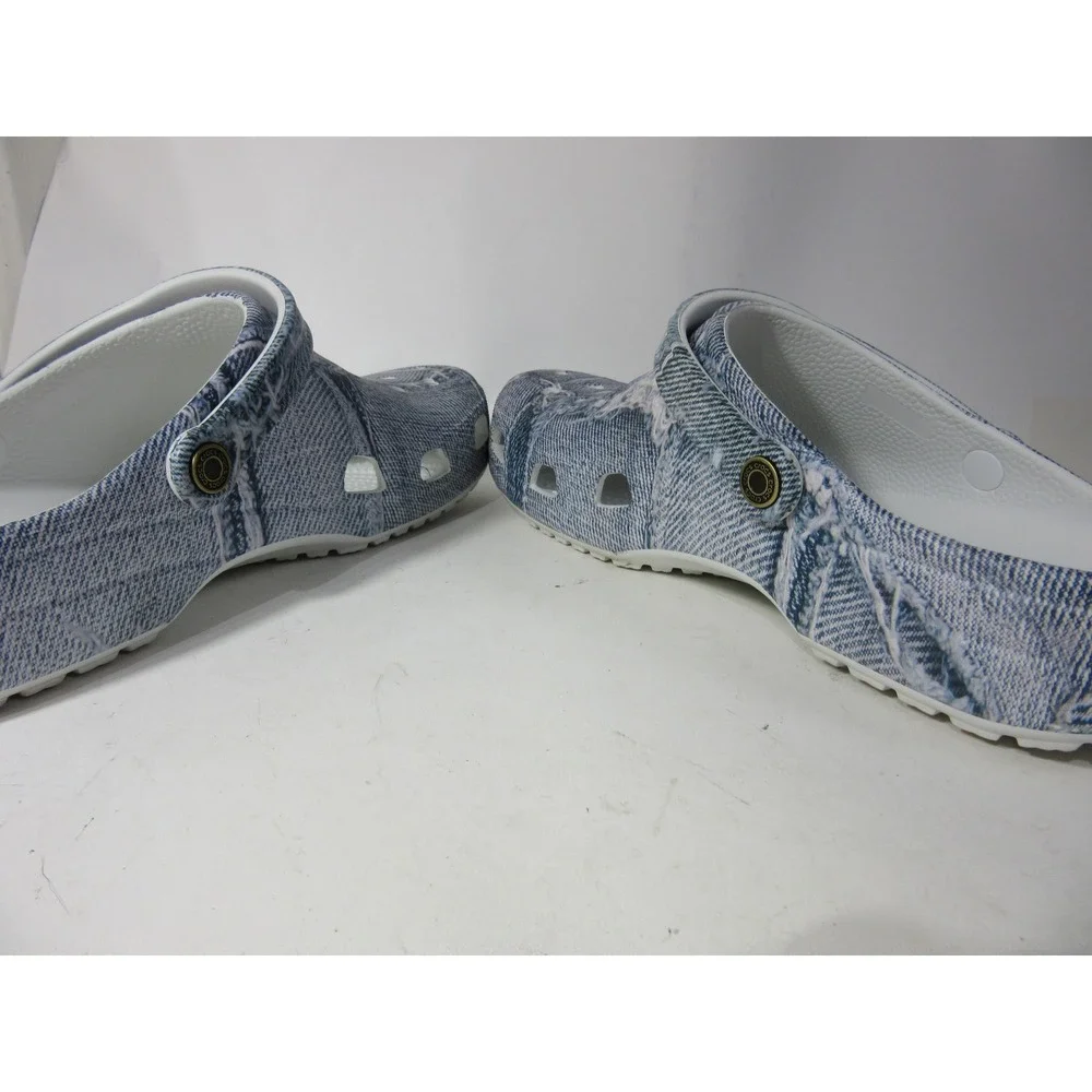 Crocs Classic Clog Mens Size 13 Blue Denim Print Distressed Aesthetic Strap